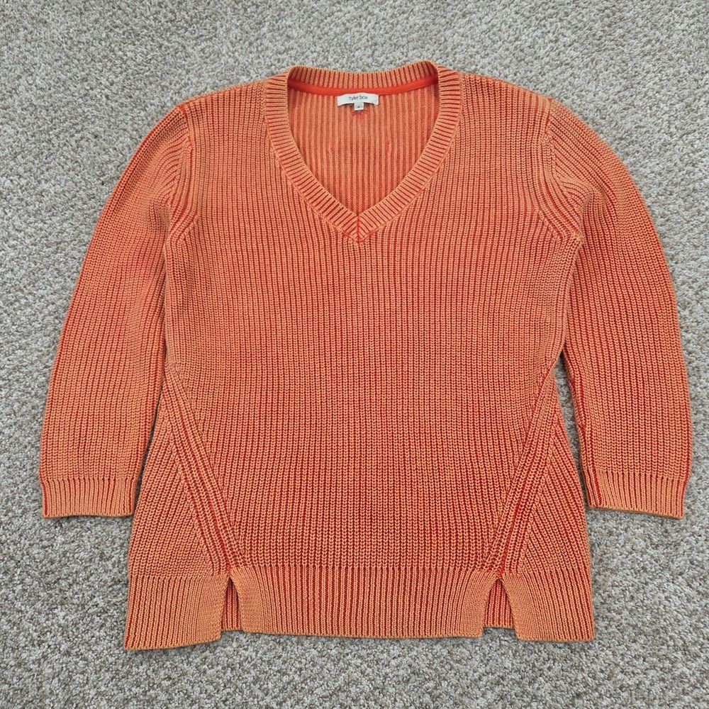 Tyler Boe Orange Ribbed Cotton Sweater Womens Small Split Side V Neck 3/4 Sleeve